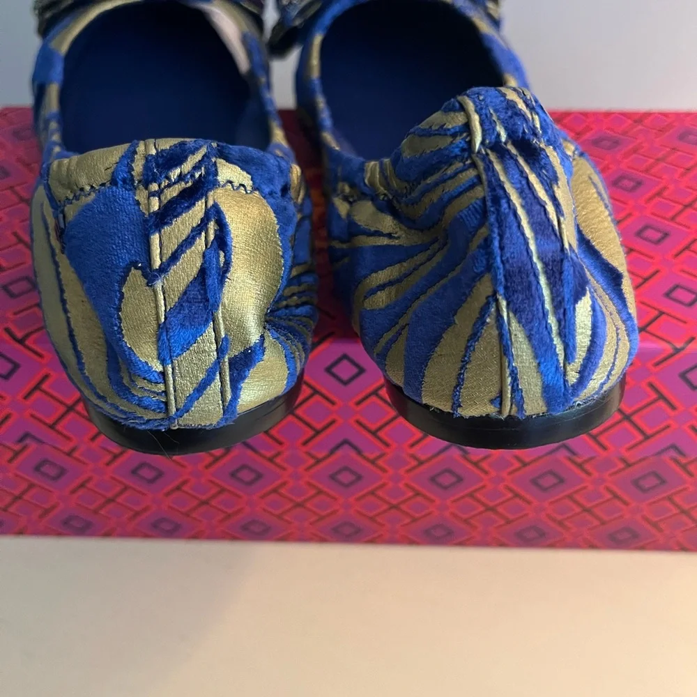 Tory Burch Blue and Gold Flats with Rhinestone Bow - Picture 5 of 6